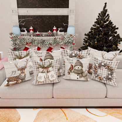 Set of 4 Christmas Velvet Throw Cushion Covers with Snowman, Deer, and Wreath Designs, Contemporary One-Sided Print Decorative Case for Farmhouse Sofa and Living Room Decor, Zipper Closure, Machine Washable - Without Inserts