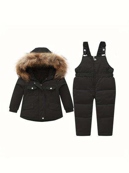 2Pcs Toddler Boys Girls Winter Snowsuit Hooded Down Jacket Coat + Snow Bib Pants Kids Windproof Skiing Suit Snow Clothes 1-5T