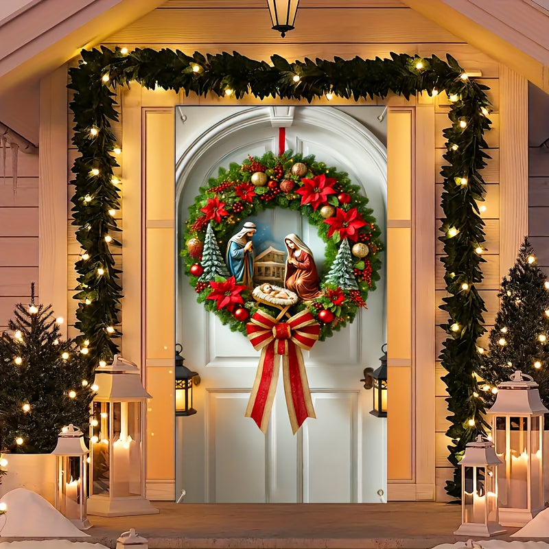 Nativity Scene Christmas Wreath Door Cover - Polyester, Machine Washable, Perfect for All Seasons & Home Decor (70.87x35.43 inches)