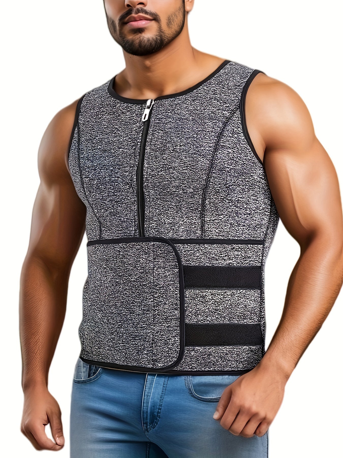 Men's Sweating Sauna Vest, Waist Trainer Zipper Tank Top, Compression Back Support Shirt For Workout Fitness Gym