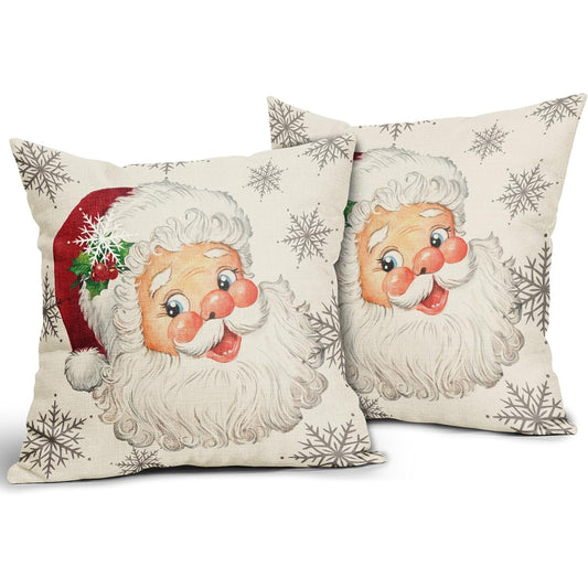 2PCS Christmas Santa Claus Pillow Covers - 16x16, 18x18, 20x20 Inch Reversible Rustic Xmas Snowflakes Print Decorative Outdoor Pillowcases with Zipper Closure and Linen Cover and Liner - Machine Washable Farmhouse Holiday Winter Decorations for Couch Sofa