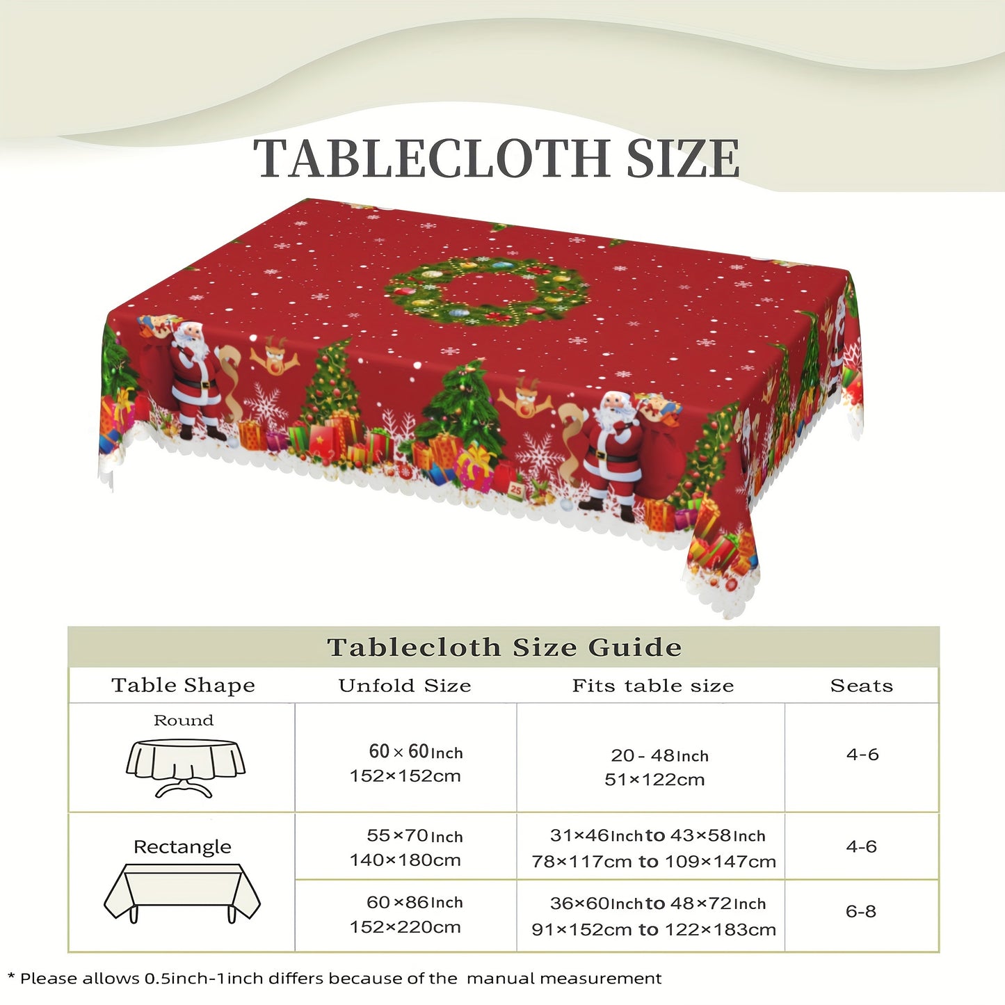 1pc Vibrant Merry Christmas Polyester Tablecloth - Pine Tree Snowflake Santa Claus Pattern, Waterproof, Stain-Resistant, Easy-to-Clean, Atmospheric Table Decor, Holiday Desktop Decoration Fabric, Home Decoration, Christmas Decor, Gift Idea for Family and
