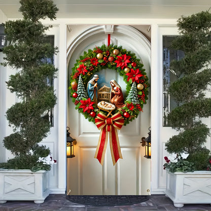 Nativity Scene Christmas Wreath Door Cover - Polyester, Machine Washable, Perfect for All Seasons & Home Decor (70.87x35.43 inches)