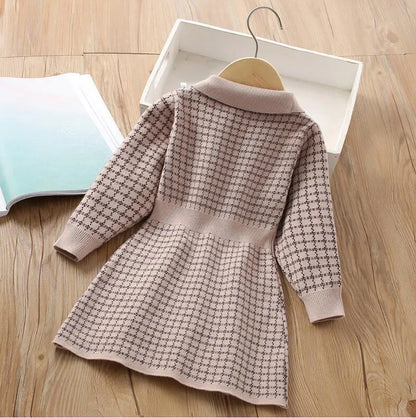 Spring Autumn Baby Girls Princess Dress Kids Knitted Turn-Down Collar Dresses Children Long Sleeve Dress With Pockets