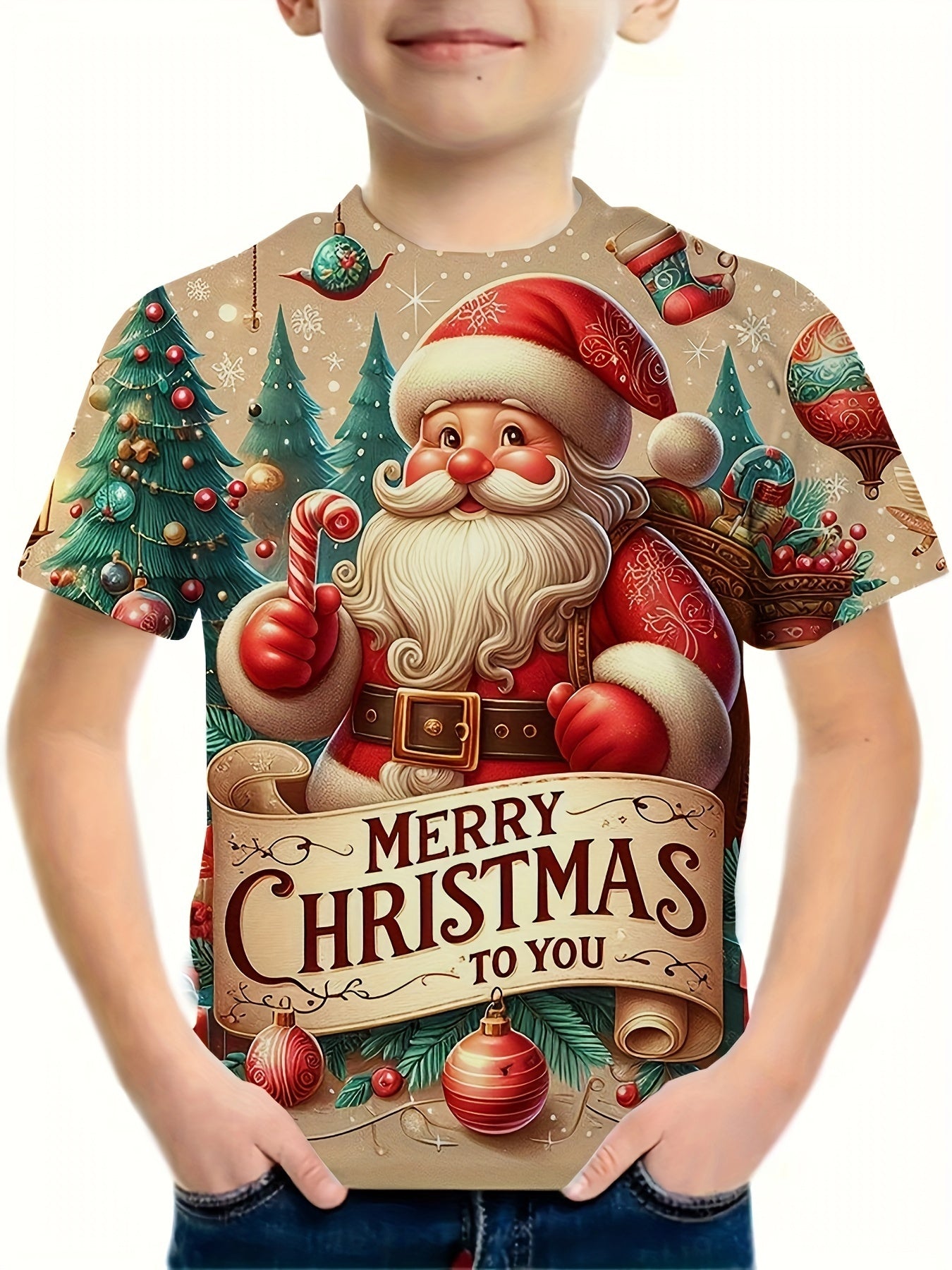 Boys' Fun 3D Print Santa Claus T-Shirt, Lightweight Comfy Short Sleeve Tee Top for Summer, Casual Creative Design
