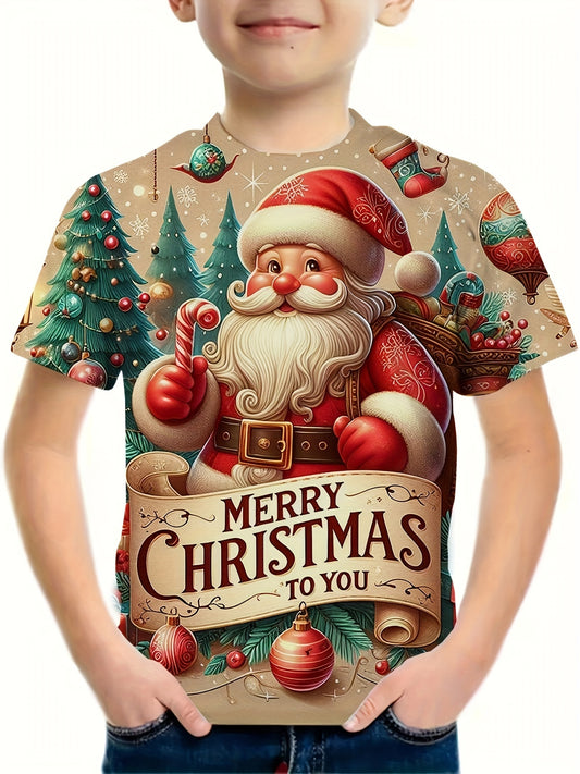 Boys' Fun 3D Print Santa Claus T-Shirt, Lightweight Comfy Short Sleeve Tee Top for Summer, Casual Creative Design