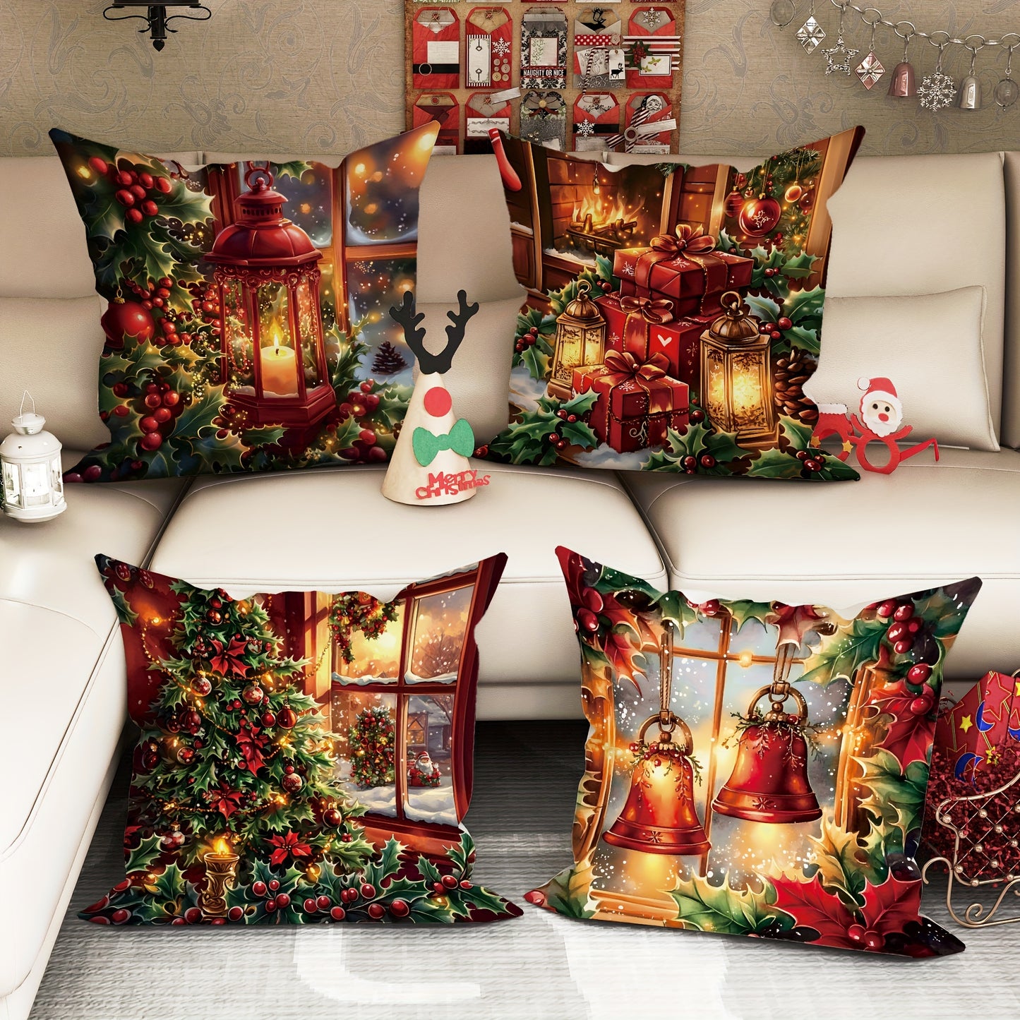 4-Piece Festive Velvet Throw Pillow Covers - Soft, Machine Washable, Zipper Closure, Contemporary Style, 18in x 18in - Perfect for Living Room, Bedroom, Sofa, and Bed Decor