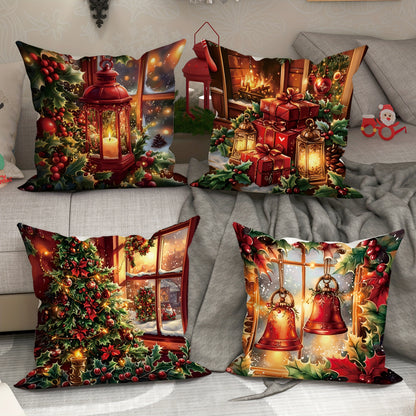 4-Piece Festive Velvet Throw Pillow Covers - Soft, Machine Washable, Zipper Closure, Contemporary Style, 18in x 18in - Perfect for Living Room, Bedroom, Sofa, and Bed Decor