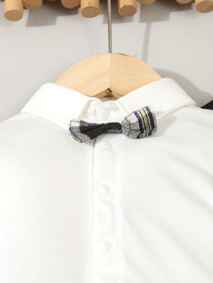 2pcs, Bodysuit With A Bow Tie And Xmas/Black And Grey Plaid Suspenders Pants For Baby Boys, Outdoor Cloth