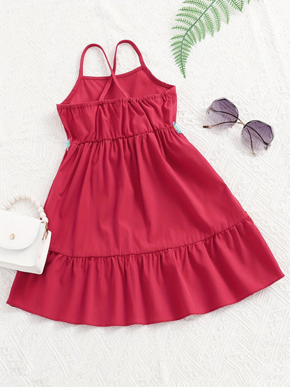 Toddler Girls Flowers Applique Ruffled Hem Cami Princess Dress For Party Beach Vacation Kids Summer Clothes