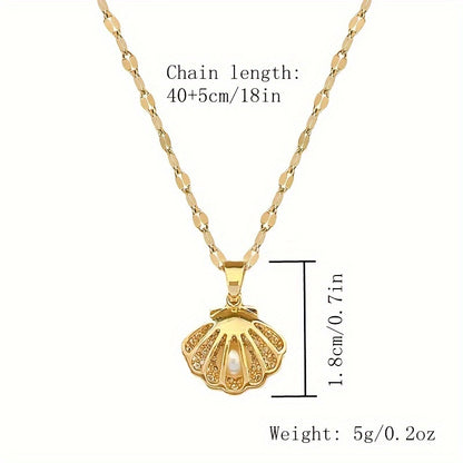 Vintage Style Stainless Steel Necklace With Folding Shell Pendant And Imitation Pearl For Women Summer Vacation Necklace