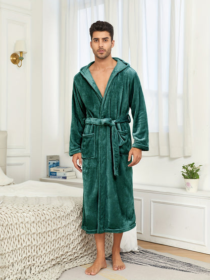 Men's Luxurious Flannel Hooded Bathrobe - Soft, Warm, and Cozy with Long Sleeves, Belt, and Elegant Color - Perfect Nightgown for Autumn and Winter