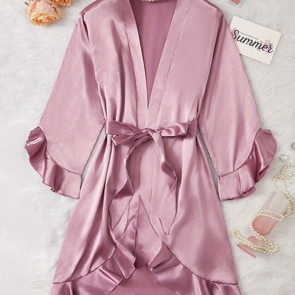 Elegant All-Season Satin Night Robe with Ruffle Detail, V-Neck & Long Sleeves – Luxurious Comfort with Belt, Easy-Care Women's Sleepwear