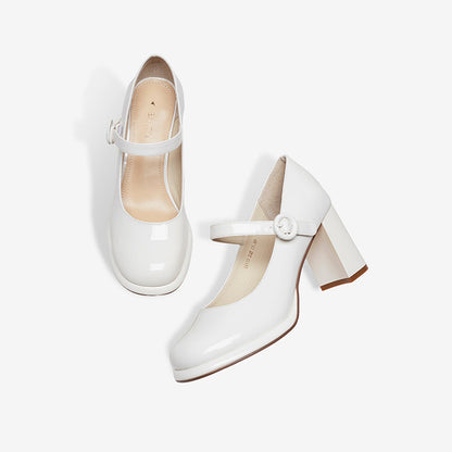 flowersverse - Women Basto Vintage Chunky Heel White Mary Jane
