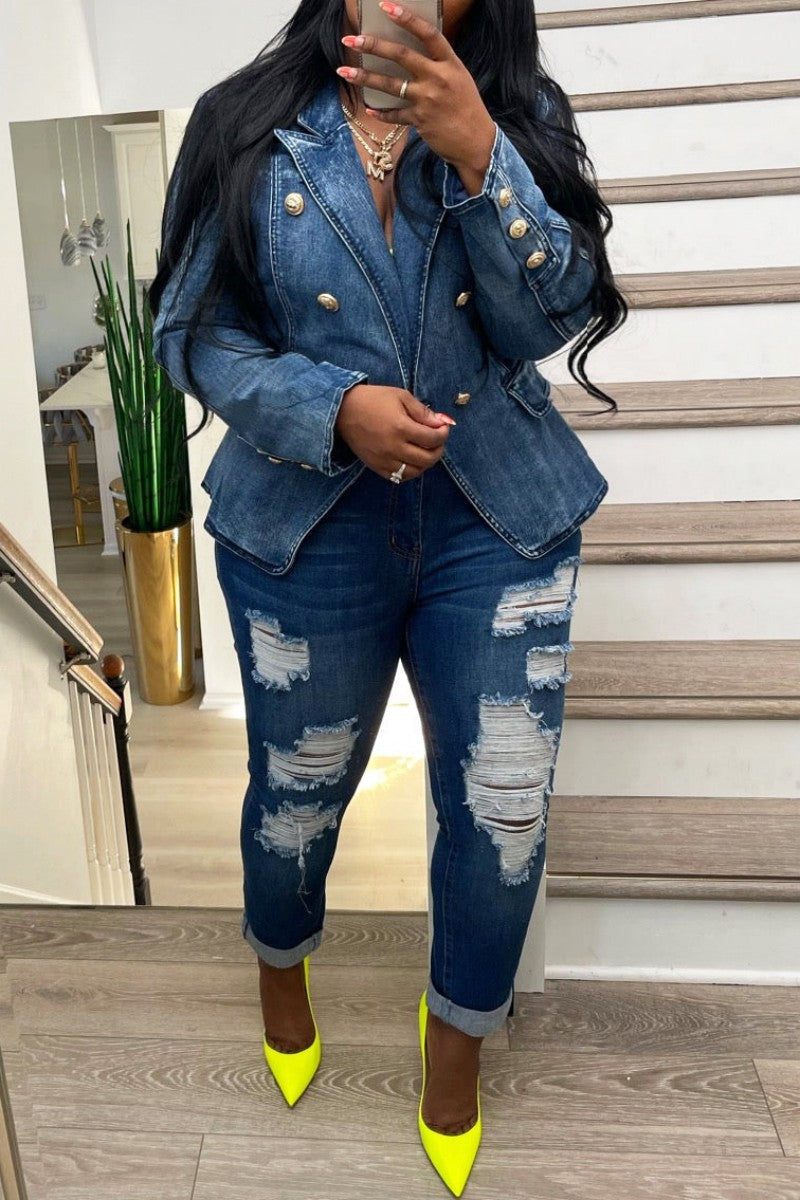 flowersverse flowersverse - Light Blue Casual Solid Patchwork Turndown Collar Long Sleeve Regular Denim Jacket