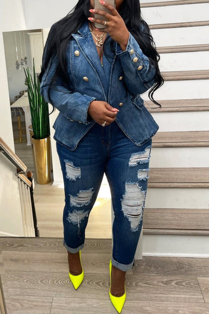 flowersverse flowersverse - Light Blue Casual Solid Patchwork Turndown Collar Long Sleeve Regular Denim Jacket