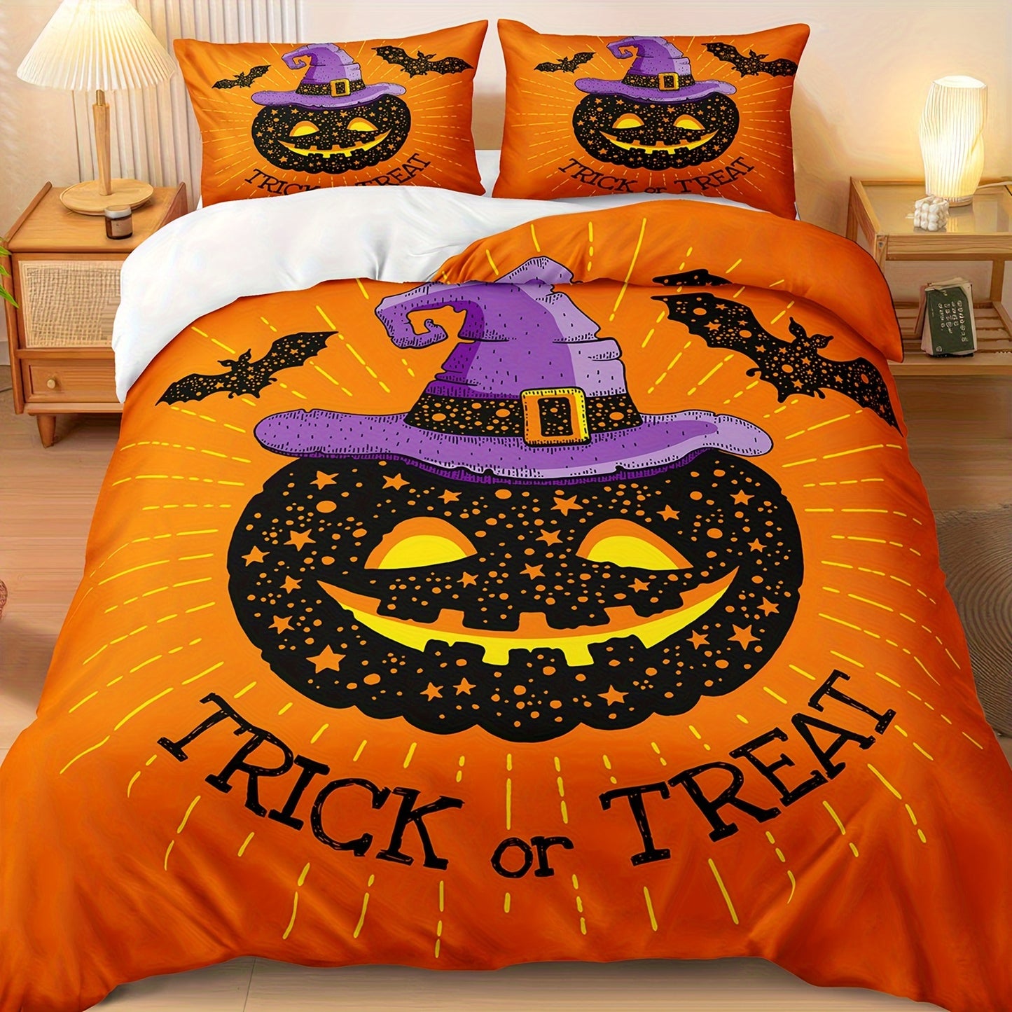 Halloween & Ghost Themed Duvet Cover Set, 3 Piece - 100% Polyester Lightweight Sanded Fabric, All-Season Digital Printed Bedding with Zipper Closure - Includes 1 Duvet Cover and 2 Pillowcases, Machine Washable, No Duvet Insert