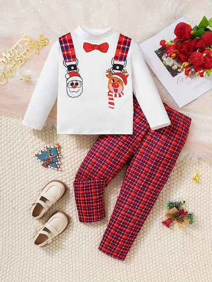 2pcs Baby's Cartoon Christmas Santa Elk Print Long Sleeve T-shirt & Casual Plaid Pattern Pants, Toddler & Infant Boy's Clothing Set, Outdoor Cloth