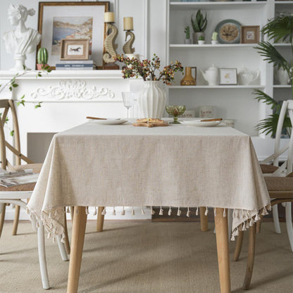 Linen Farmhouse Tablecloth - Beige Fringed Dust-Resistant Cover with Elegant Western Style - Perfect for Buffet, Holiday Dinner, Party, Banquet, Kitchen, Restaurant, and Wedding Rectangular Tables