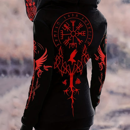 Viking Graphic Print Long Sleeve Drawstring Hoodie - Dual Pockets, Zipper Closure, Casual Sweatshirt for Women - Soft, Breathable, and Comfortable Wear for Everyday Activities