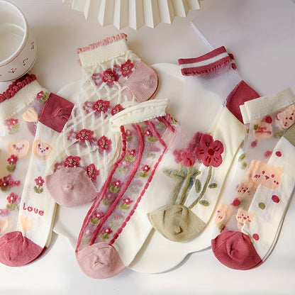 3/5 Pairs Of Teenager's Cute Low-cut Ankle Socks, Ultra-thin Silk Sweet Bear & Floral Design, Soft Comfy Cotton Blend Socks For Summer