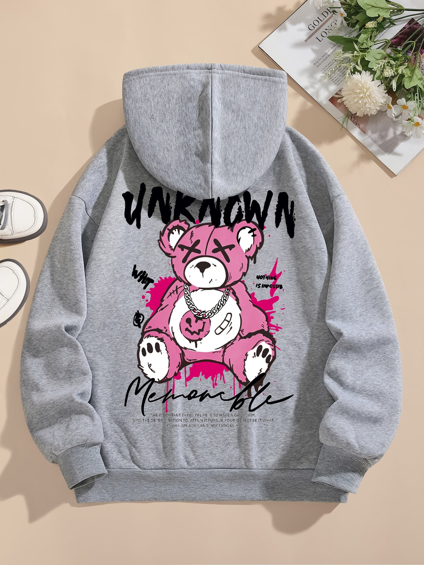 Womens Cute Cartoon Bear Print Hooded Sweatshirt - Soft Long Sleeve Drawstring Casual Wear - Trendy Comfortable Relaxed Fit for Everyday Fashion