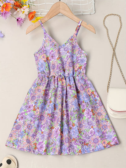 Girls' Summer Floral Sundress - Easy-Care, Durable Fabric with Casual V-Neck & Elastic Waist