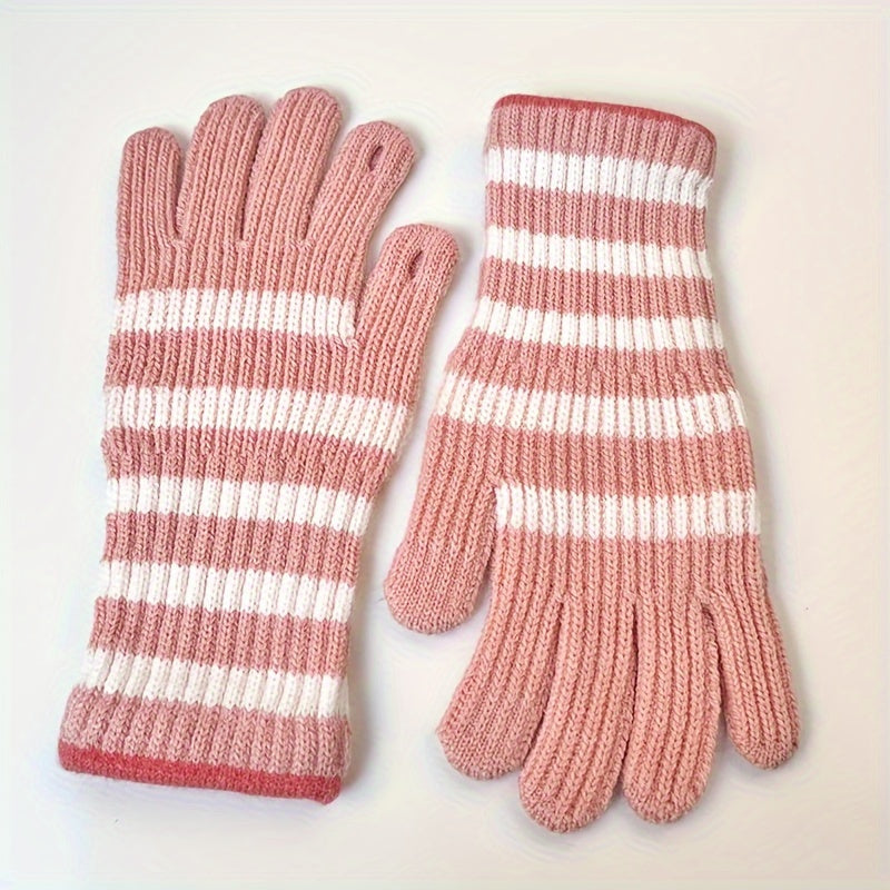 Striped Warm Knit Gloves, Touch Screen Wrist Cover Winter Windproof Gloves, Non-slip Outdoor Cycling Gloves For Students