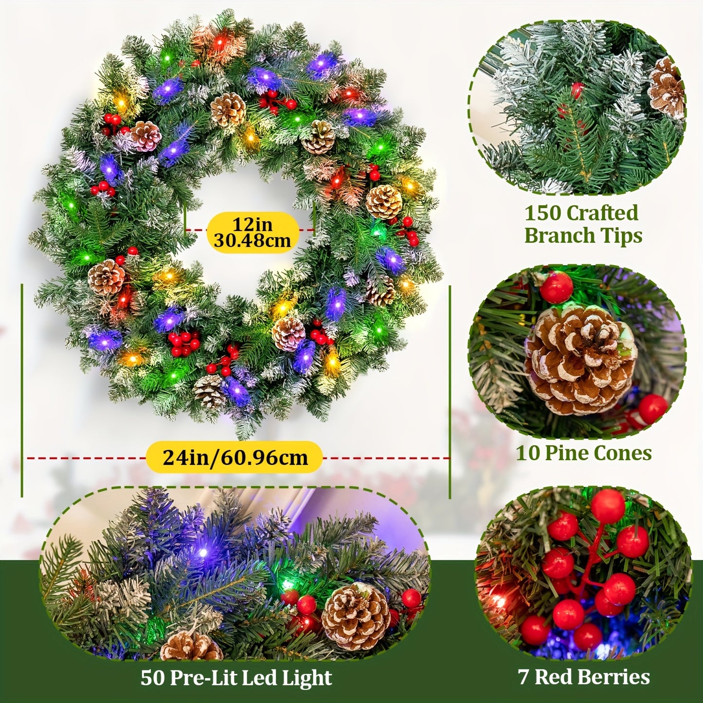 24" Green Pre-Lit Christmas Wreath with Red Berries, Pine Cones for Front Door, Window, Fireplace, Indoor Decor