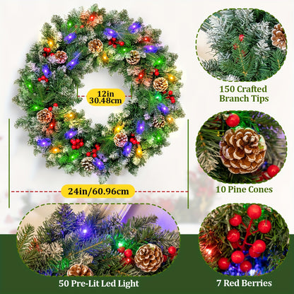 24" Green Pre-Lit Christmas Wreath with Red Berries, Pine Cones for Front Door, Window, Fireplace, Indoor Decor
