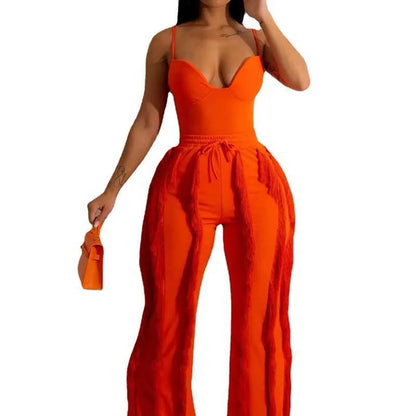 Womens Designer Tracksuit Pants Sexy Tow Piece Set  New Ladies Solid Color Sling Sleeveless Top Tassel Loosetrousers Suit