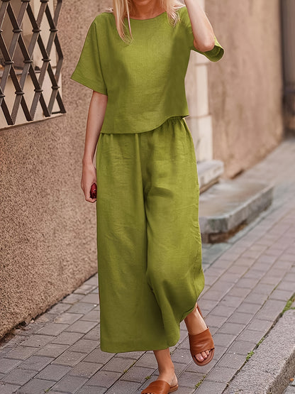 Solid Two-piece Set, Crew Neck Casual T-Shirt & Wide Leg Pants, Women's Clothing