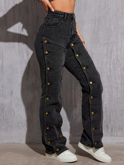 Long Length High-Waisted Street Style Cargo Jeans - Non-Stretch Denim, Removable Multi-Button Accents, Solid Color, Hand Wash or Dry Clean, Perfect for Going Out in Spring and Fall - Customized Regular Fit Womens Pants