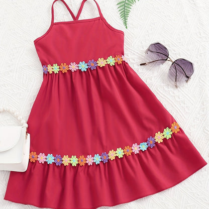 Toddler Girls Flowers Applique Ruffled Hem Cami Princess Dress For Party Beach Vacation Kids Summer Clothes