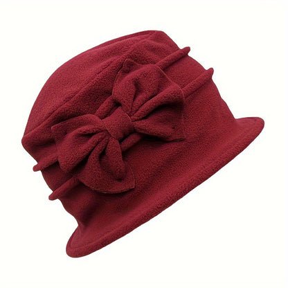 Cozy Double-Layer Fleece Bucket Hat For Women - Elegant Bowknot Design, Thick Warm Winter Cap