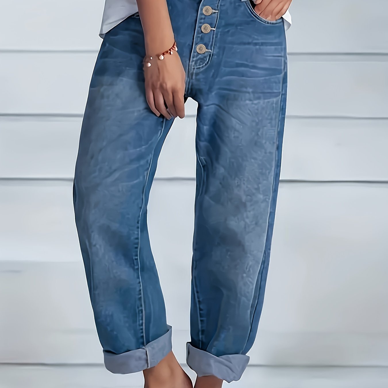 Plus Size Womens Loose Jeans - Comfortable & Stylish Single-Breasted Denim Pants - Straight Leg, Trendy Washed Blue, Modern Fit for Casual Everyday Wear