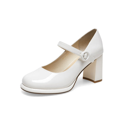 flowersverse - Women Basto Vintage Chunky Heel White Mary Jane