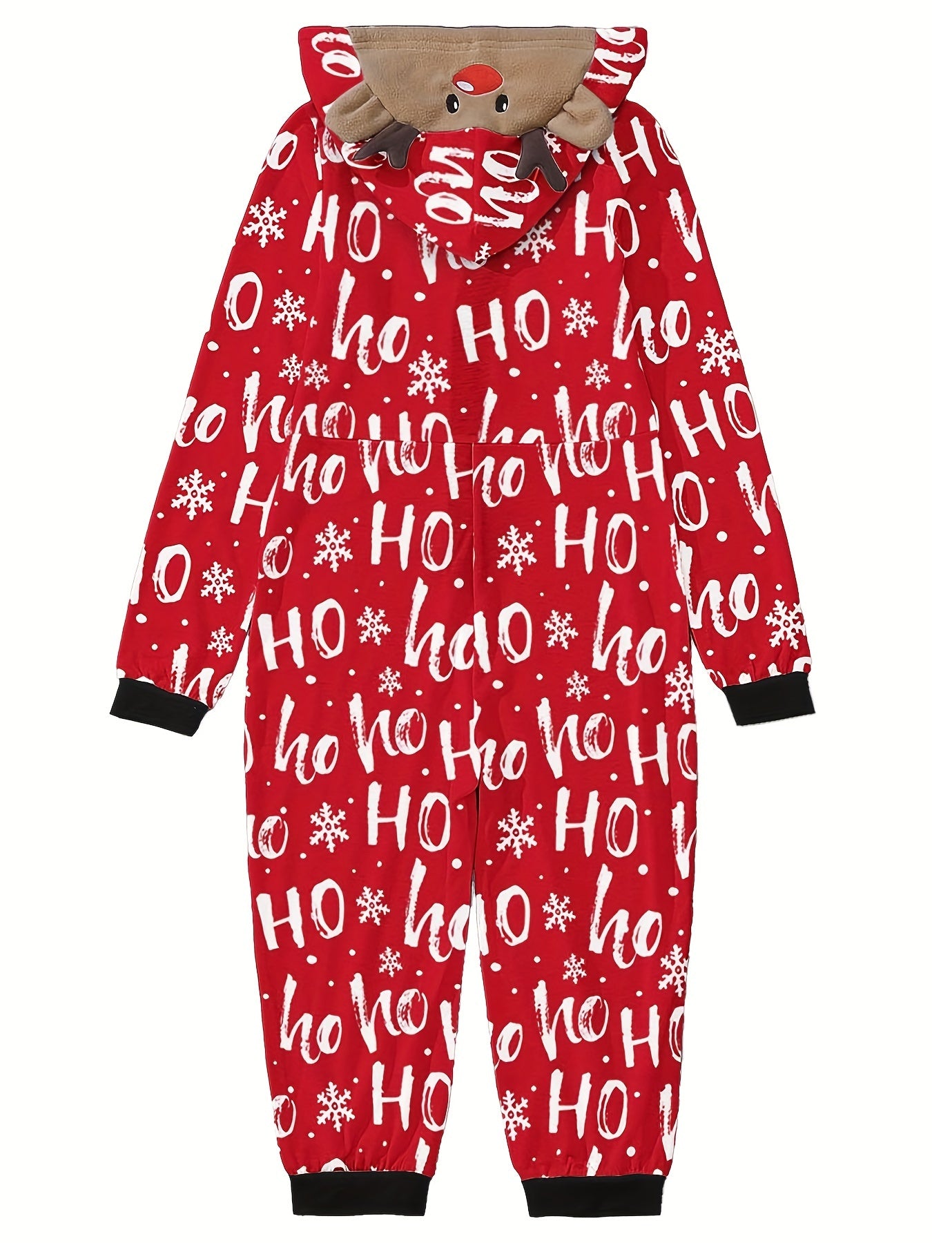 Holiday Festive Zip-Up Hooded Onesie with Alphabetic Print, Unisex Long Sleeve Polyester Jumpsuit with Slight Stretch, Casual Hoodie with Zipper Detail, Regular Fit Woven Fabric for Family Matching Outfits