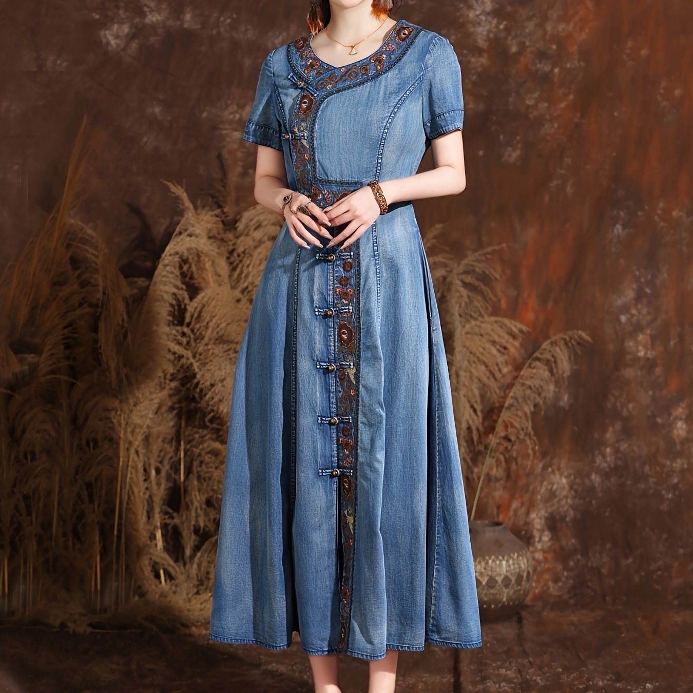 Floral Embroidery Chinese Cheongsam Style Pankou Knots Closure Short Sleeve Elegant Vintage Denim Dress, Women's Denim Jeans & Clothing