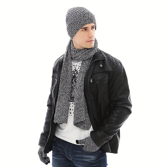 Winter Warmth Set for Men - Thickened Velvet Knitted Gloves with Non-Slip Touch Screen, Long Scarf, and Fashionable Hat for Cold Weather - Soft, Breathable, and Stylish Accessories for Outdoor Activities