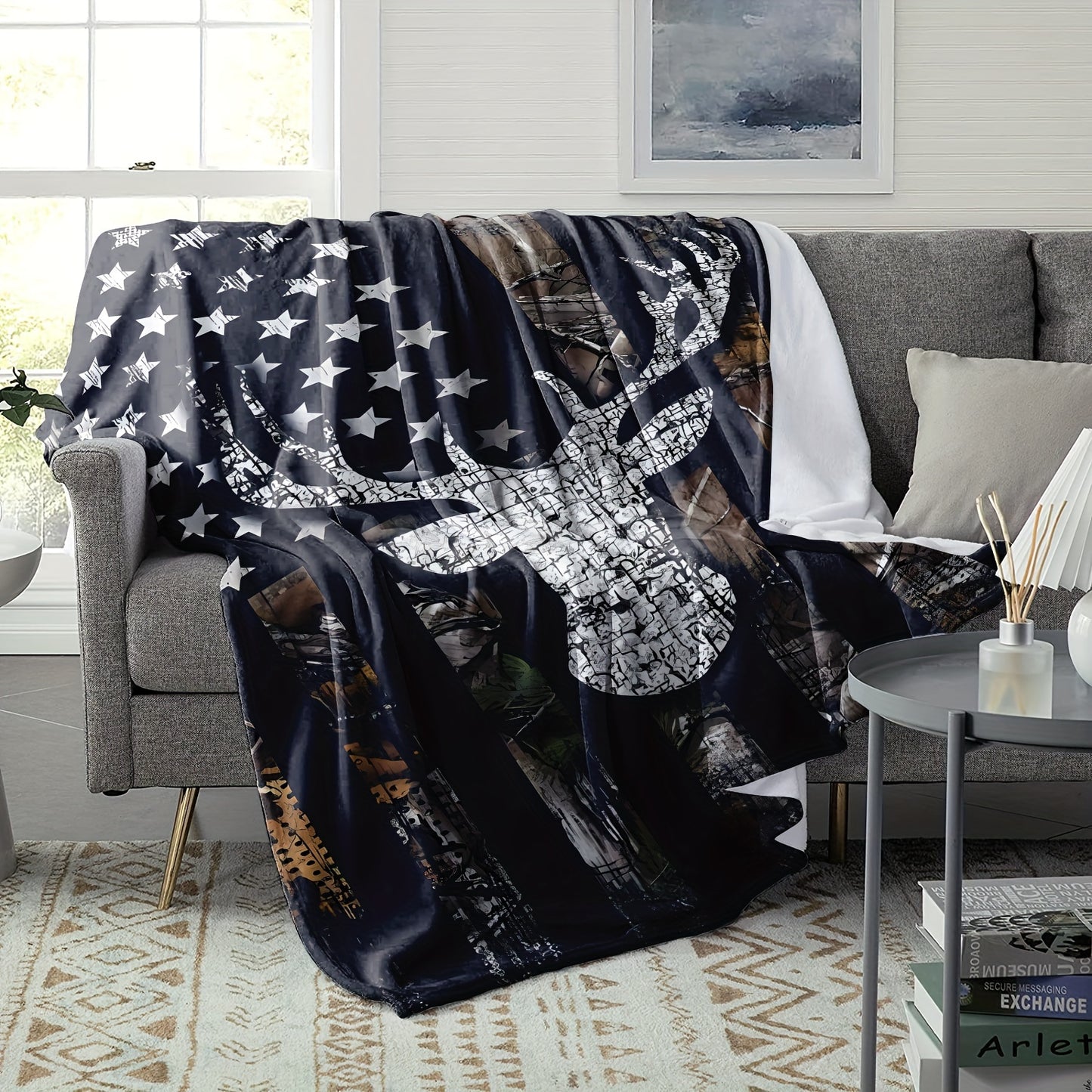 1pc Soft & Cozy Flannel Blanket - American Flag Deer Head Pattern, Warm and Comfortable for Sofa, Bed, Office - Perfect Christmas, Halloween Gift or Everyday Use