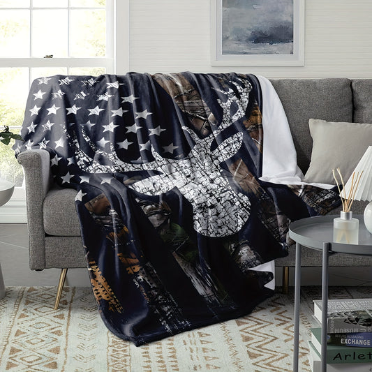 1pc Soft & Cozy Flannel Blanket - American Flag Deer Head Pattern, Warm and Comfortable for Sofa, Bed, Office - Perfect Christmas, Halloween Gift or Everyday Use