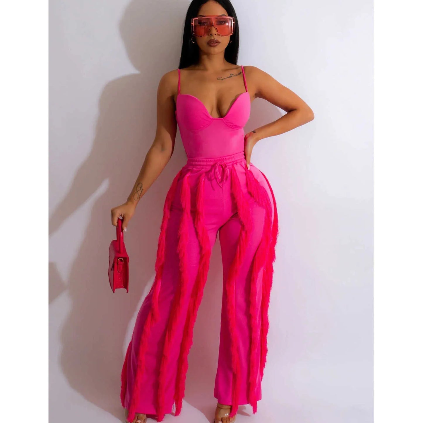 Womens Designer Tracksuit Pants Sexy Tow Piece Set  New Ladies Solid Color Sling Sleeveless Top Tassel Loosetrousers Suit