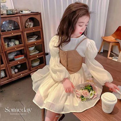 Girls Dresses Spring Autumn Baby Suits Girl Vest Long Sleeve 2piece Kids Cute Princess Dress Children Chiffon Vestido 2 to10T 230217