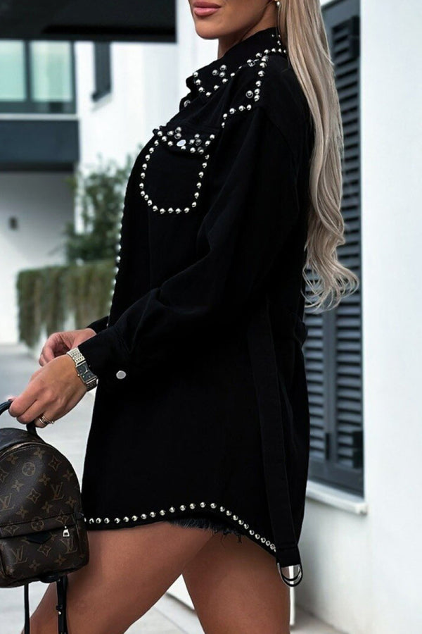flowersverse flowersverse - Black Casual Punk Solid Rivets Turndown Collar Long Sleeve Loose Denim Jacket