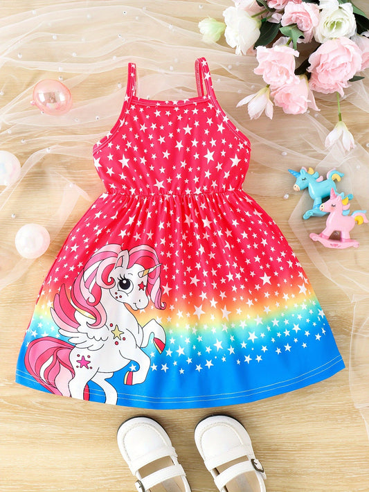 Girls Magical Unicorn Fantasy Dress - Adorable Starry Pattern, Flowy A-line Silhouette, Royal Princess Cami Style for Dreamy Adventures