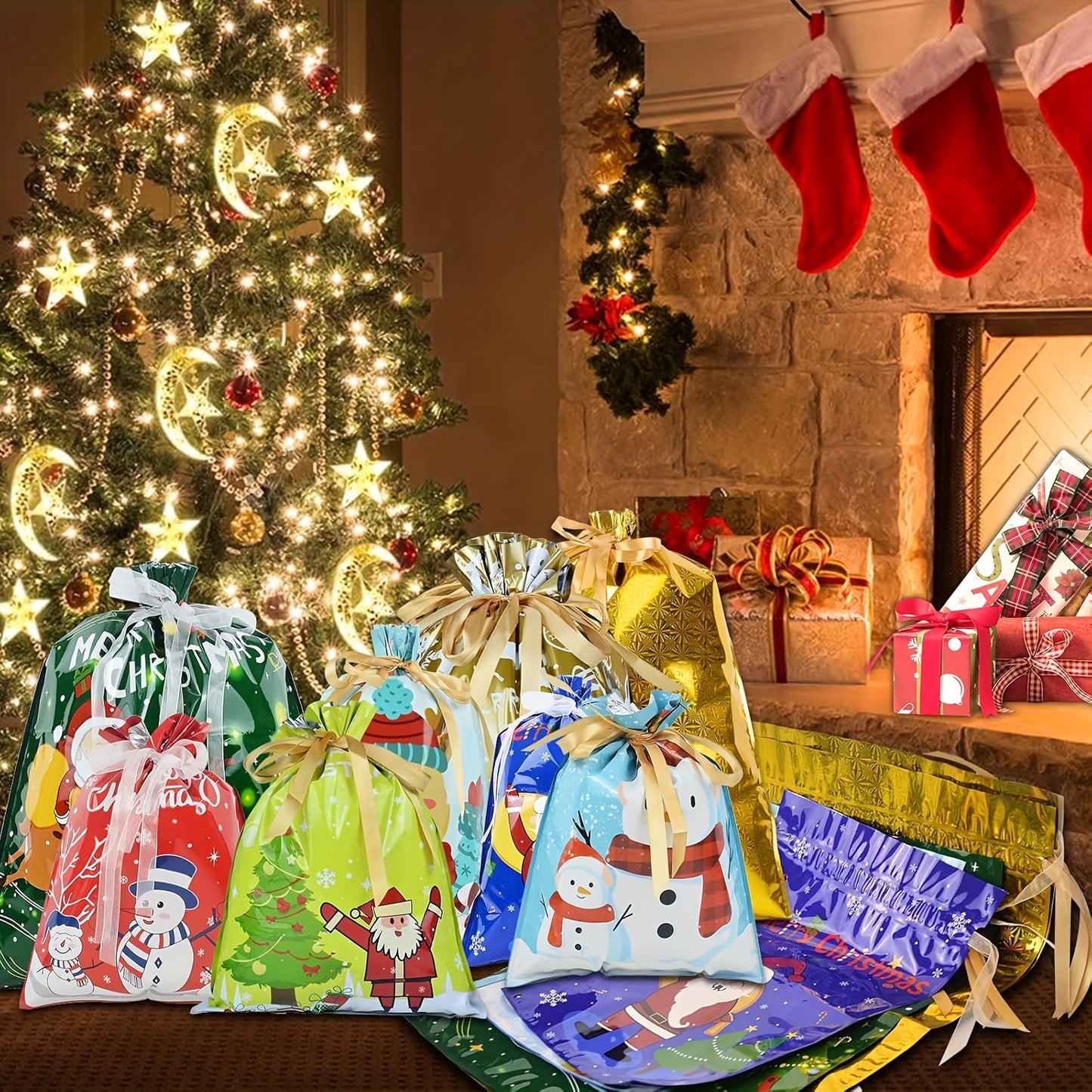 28PCS Assorted Sizes Christmas Drawstring Gift Bags With Ribbon Tie, 4 Sizes, 8 Designs For Xmas Holiday Presents Party Favor Goody Bags Jumbo/Extra Large/Medium/Small Santa Wrapping Bag