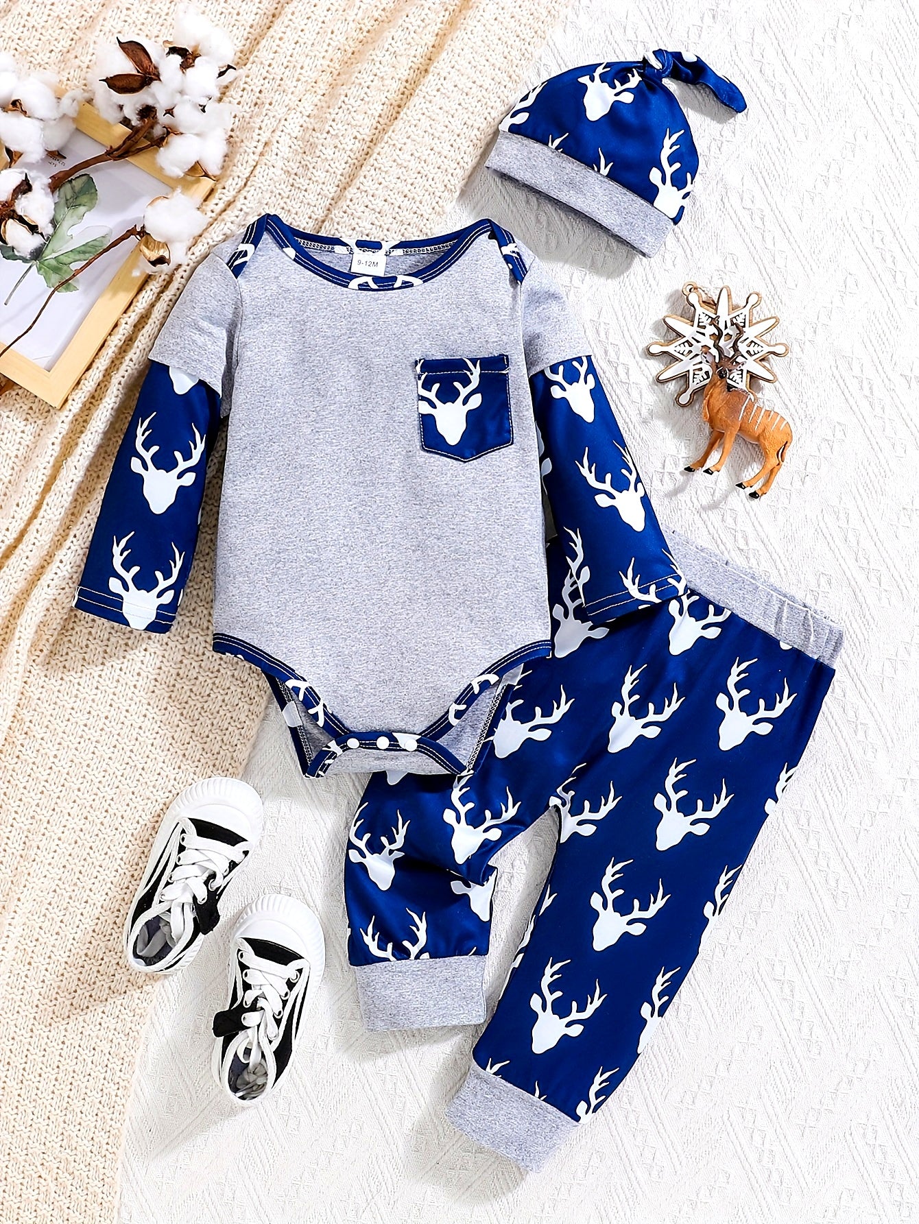 2pcs Elk Pattern Bodysuit & Hat & Casual Pants Set, Cartoon Splicing Toddler & Infant Boy's Clothing for Spring Fall Christmas, Outdoor
