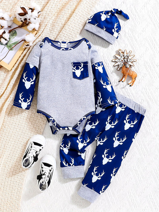 2pcs Elk Pattern Bodysuit & Hat & Casual Pants Set, Cartoon Splicing Toddler & Infant Boy's Clothing for Spring Fall Christmas, Outdoor