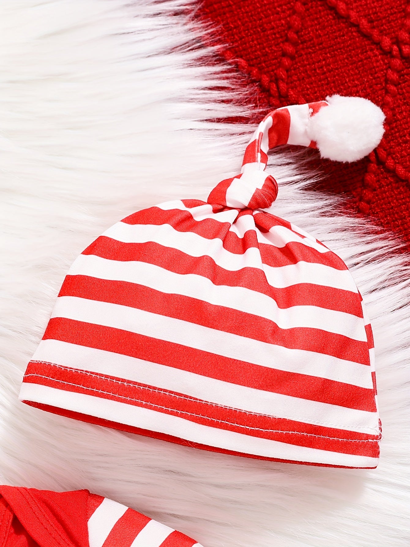 Infant Baby Unisex "My 1st Christmas" Alphabet Print Striped Long Sleeve Romper & Beanie Set - Cute Polyester Knit Fabric Outfit for Fall/Winter, For Outdoor